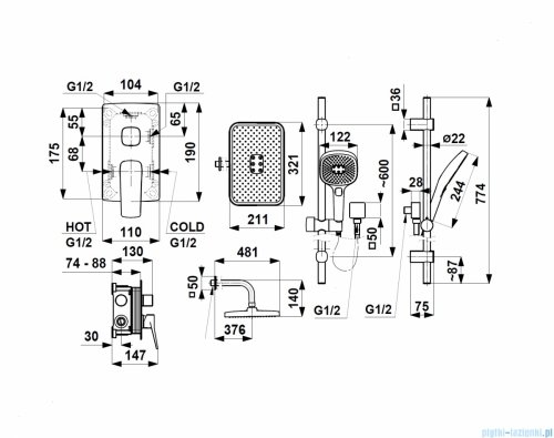 KFA MALAGA GUN METAL GREY podtynkowy zestaw prysznicowy z baterią 3 funkcyjną i natryskiem przesuwnym grafit szczotkowany 4529-301-61