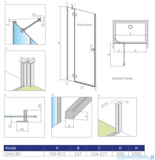 Radaway Essenza 8 Black Dwj drzwi wnękowe 80cm lewe czarny mat/szkło przejrzyste 10480512-01-01L/10460237-54-01L