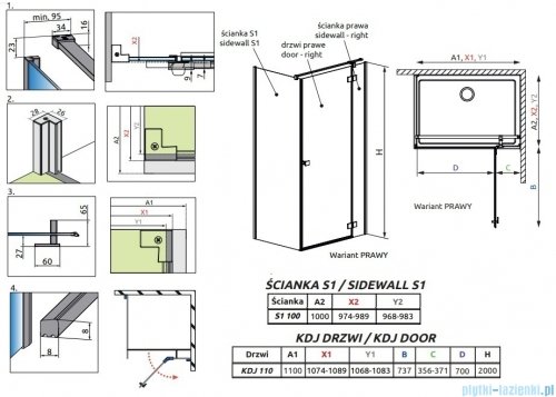 Radaway Essenza 8 Brushed Nickel Kdj kabina 110x100cm prawa szczotkowany nikiel 10480712-01-01R/10470337-91-01R/10113100-01-01