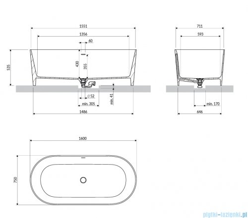 Omnires Ovo M+ wanna wolnostojąca z przelewem 160 x 75 cm midnight blue mat OVO160WWZPMB