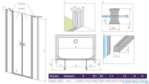 Radaway Eos II Dwd drzwi prysznicowe 190x195 W1 szkło przejrzyste rysunek techniczny