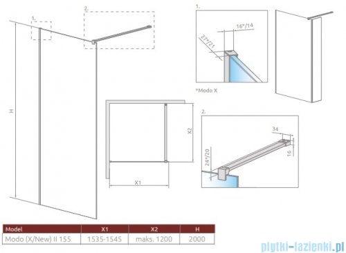 Radaway Modo X Black II kabina Walk-in 155x200 szkło przejrzyste 10mm 389355-54-01