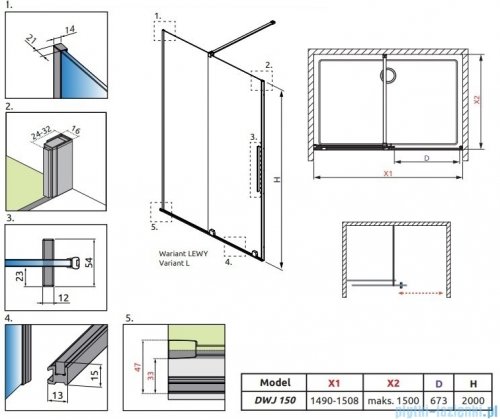 Radaway Furo Gold DWJ drzwi prysznicowe 150cm lewe szkło przejrzyste 10107772-09-01L/10110730-01-01