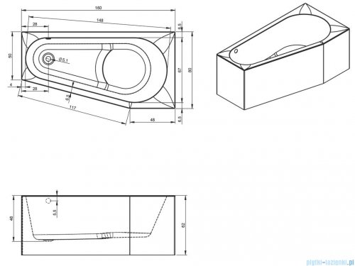 Riho Delta Plug&amp;Play wanna asymetryczna 160x80cm lewa z obudową + nóżki BD43