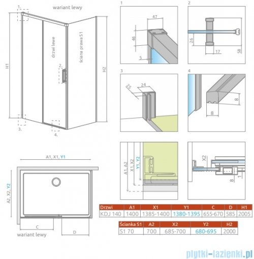 Radaway Idea Kdj Brushed Copper kabina 140x70cm lewa szczotkowana miedź 387044-93-01L/387048-93-01R