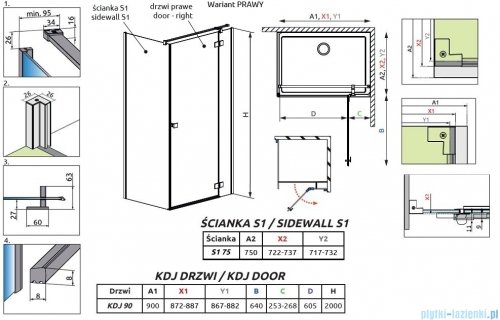 Radaway Essenza Black Kdj kabina 90x75cm prawa szkło przejrzyste 1385044-54-01R/1384049-01-01