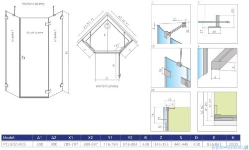Radaway Essenza Pro Brushed GunMetal Ptj kabina pięciokątna 80x90 prawa szczotkowany grafit 10100000-92-01R/10100400-01-01
