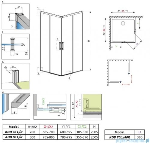 Radaway Idea Gold Kdd kabina 70x80cm złoty połysk/szkło przejrzyste 387065-09-01L/387061-09-01R