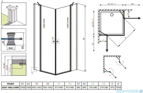 Radaway Eos II KDD kabina prysznicowa 100x100 szkło przejrzyste + brodzik Delos C + syfon 3799462-01L/3799462-01R/SDC1010-01