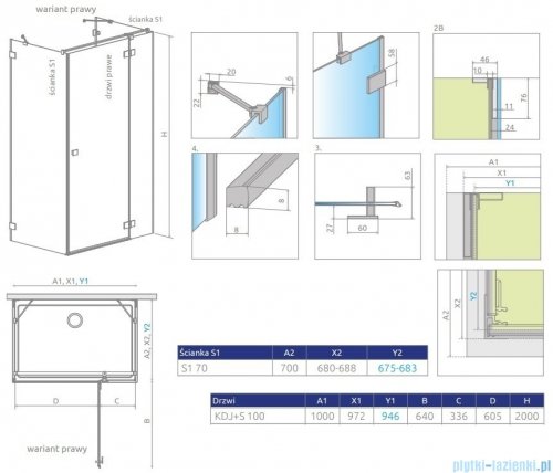 Radaway Essenza Pro Brushed Nickel Kdj+S kabina 70x100x70cm prawa szczotkowany nikiel 10097310-91-01R/10098070-01-01/10098070-01-01