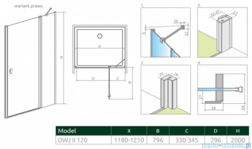 Radaway Nes Dwj II drzwi wnękowe 120cm prawe szkło przejrzyste rysunek techniczny