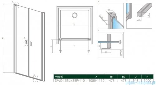 Radaway Nes 8 Black Dwd I drzwi wnękowe 110cm czarny mat/szkło przejrzyste 10077055-54-01L/10077055-54-01R