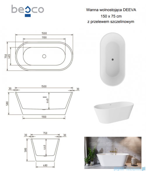Besco Deeva Glam Srebrna Illume Coat 150x75 cm wanna wolnostojąca +  maskownica odpływu czarny matt #WWA-150DGSB