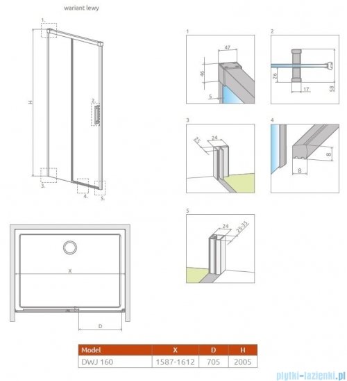 Radaway Idea DWJ Brushed Gold drzwi wnękowe 160cm lewe szczotkowane złoto 387020-99-01L 