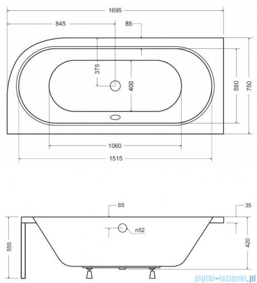 Besco Avita 170x75cm wanna asymetryczna lewa + obudowa + syfon #WAA-170-NL/OAA-170-NS/19975