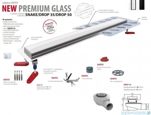 Wiper New Premium White Glass Odpływ liniowy z kołnierzem 50 cm syfon drop 35 poler 500.0381.01.050