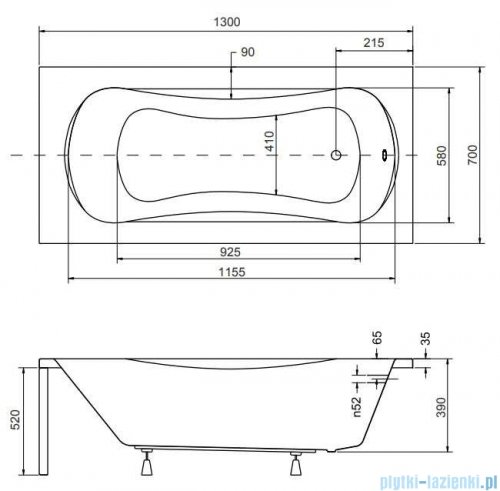 Besco Aria Plus 130x70cm wanna prostokątna z uchwytami + obudowa + syfon #WAA-130-PU/#OAA-130-PA/19975