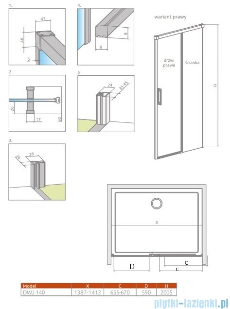 Radaway Idea 8 Dwj drzwi wnękowe 140cm prawe szkło przejrzyste 10330720-01-01R/10350653-01-01