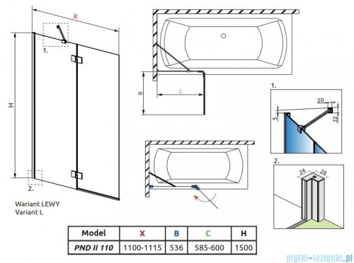 Radaway Essenza Pnd II parawan nawannowy 110cm lewy szkło przejrzyste 110002110-01-01L