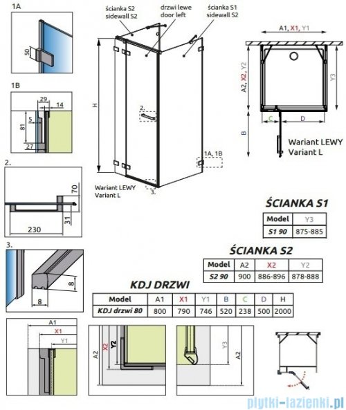 Radaway Euphoria KDJ+S Kabina przyścienna 90x80x90 lewa szkło przejrzyste 383512-01L/383221-01L/383050-01/383030-01