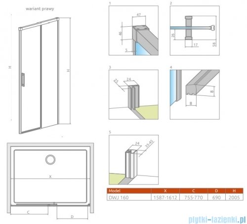 Radaway Idea DWJ Brushed GunMetal drzwi wnękowe 160cm prawe szczotkowany grafit 387020-92-01R