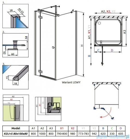 Radaway Kabina prysznicowa Almatea KDJ+S 80x100x80 lewa szkło przejrzyste + Brodzik Doros D + syfon 31552-01-01L1/31552-01-01L2