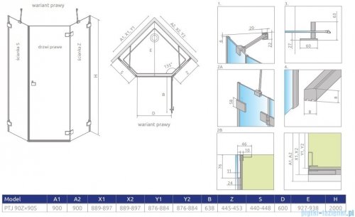 Radaway Essenza Pro Brushed Nickel Ptj kabina pięciokątna 90x90 prawa szczotkowany nikiel 10100000-91-01R/10100200-01-01