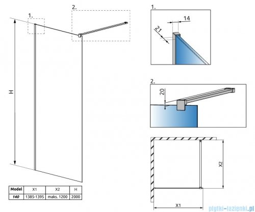 Radaway Modo New II Brushed Copper kabina Walk-in 140x200 szczotkowana miedź 389144-93-01