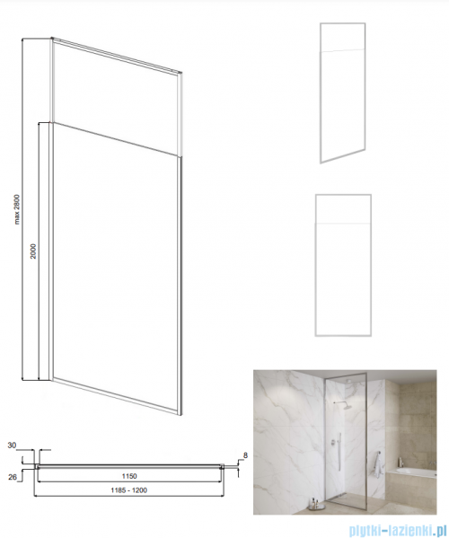 Besco Icon Gold 120x200cm kabina walk-in Złoty połysk/szkło  przejrzyste ICG-120-200C