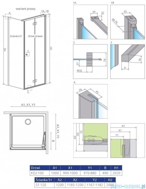 Radaway Essenza New KDJ-B kabina prysznicowa 100x120 prawa przejrzyste + brodzik Doros D + syfon 385083-01-01R/384054-01-01/SDRD1210-01