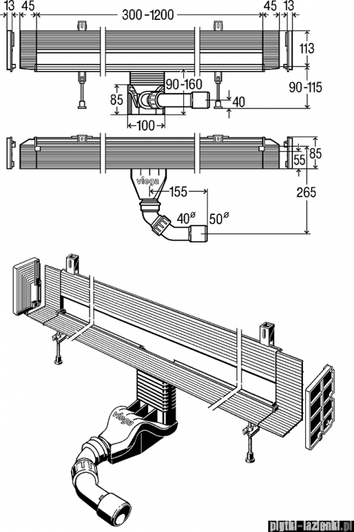 Viega Advantix Vario odpływ liniowy ścienny regulowany z czarnym rusztem 30-120cm H-9/16cm 736583/736552