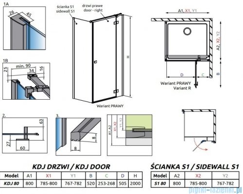 Radaway Essenza New Black Kdj kabina 80x80cm prawa szkło przejrzyste 385043-54-01R/384051-54-01