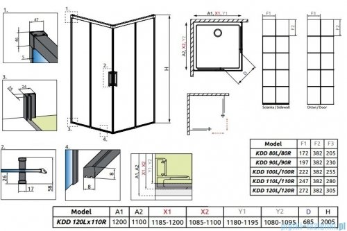 Radaway Idea Black Kdd Factory kabina prysznicowa 120x110cm czarny mat/szkło przejrzyste 387064-54-55L/387063-54-55R