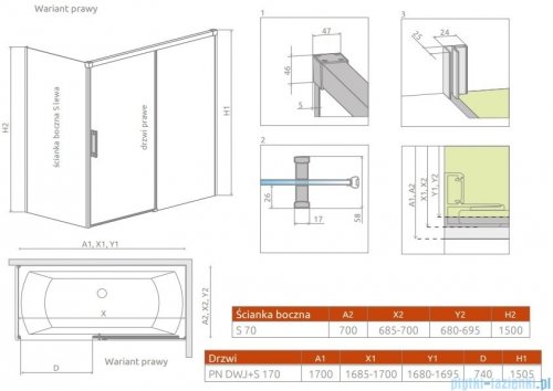 Radaway Idea Pn Dwj+S parawan nawannowy 170x70cm prawy przejrzyste rysunek techniczny