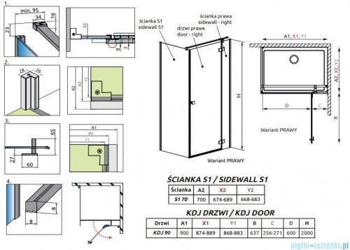 Radaway Essenza 8 Black Kdj kabina 90x70cm prawa czarny mat/szkło przejrzyste 10480612-01-01R/10470237-5401R/10113070-01-01
