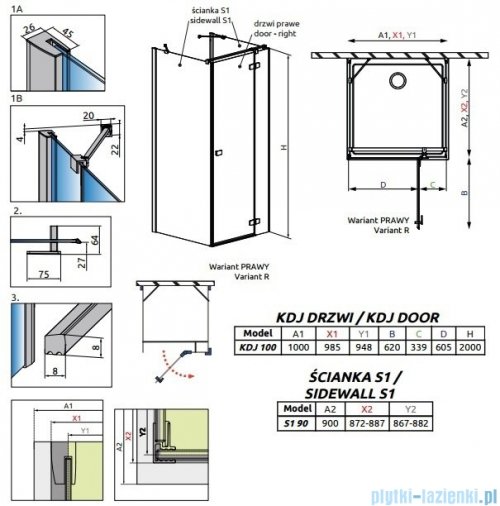 Radaway Fuenta New Kdj+S kabina 90x100x90cm prawa szkło przejrzyste + brodzik Doros D + syfon SDRD1090-01