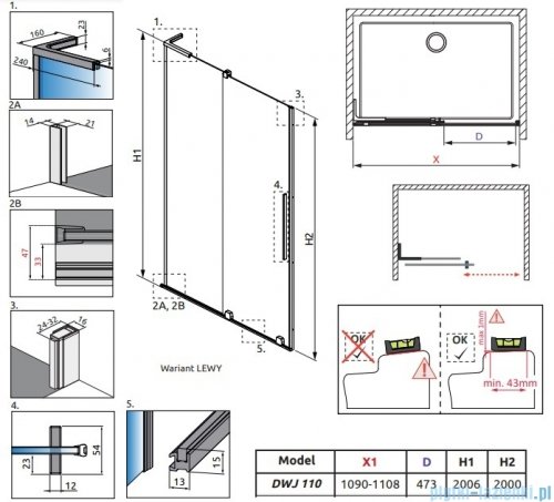 Radaway Furo SL Black DWJ drzwi 110cm lewe czarny mat/szkło przejrzyste 10307572-54-01L/10110530-01-01