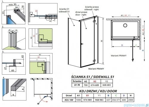 Radaway Essenza 8 Brushed Copper Kdj kabina 100x70cm prawa szczotkowana miedź 10480612-01-01R/10470337-93-01R/10113070-01-01