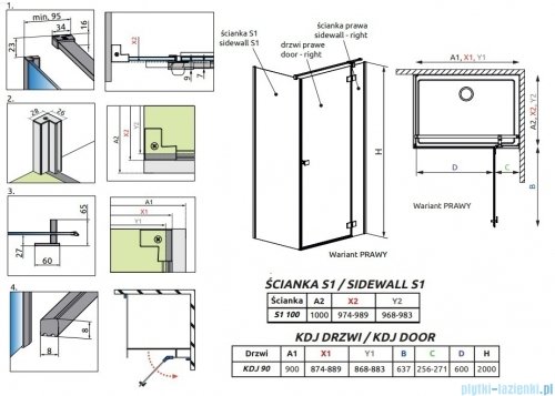 Radaway Essenza 8 Gold Kdj kabina 90x100cm prawa złoty połysk/szkło przejrzyste 10480612-01-01R/10470237-09-01R/10113100-01-01