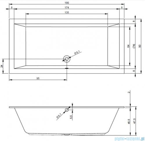 Riho Lugo 190x90cm wanna prostokątna z hydromasażem Pneumatic prawa + nogi + syfon BT05-PNE-P