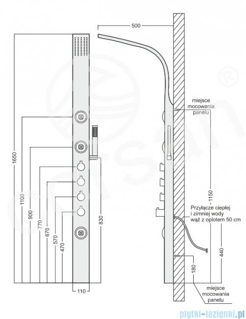Corsan Snake panel natryskowy z termostatem stal szczotkowana rysunek techniczny