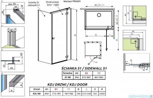 Radaway Essenza Kdj kabina 80x90cm prawa szkło przejrzyste 1385043-01-01R/1384050-01-01