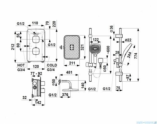 KFA MALAGA GUN METAL GREY podtynkowy zestaw prysznicowy z baterią termostatyczną 3 funkcyjną i natryskiem przesuwnym grafit szczotkowany 5759-301-61