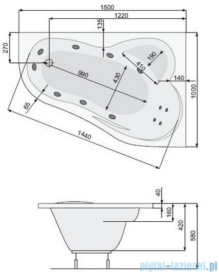 Poolspa Wanna asymetryczna LEDA 150x100 prawa + hydromasaż Smart 1 PHAE410ST1C0000