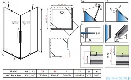 Radaway Furo Brushed GunMetal KDD kabina 80x90cm szczotkowany grafit 10105080-92-01L/10105090-92-01R