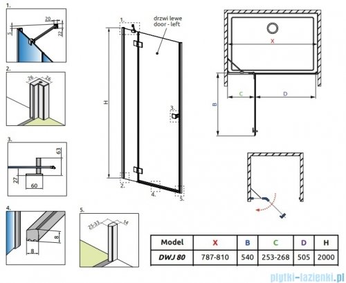 Radaway Essenza Brushed Nickel Dwj drzwi wnękowe 80cm lewe szczotkowany nikiel/szkło przejrzyste 1385012-91-01L