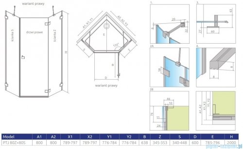 Radaway Essenza Pro Brushed Nickel Ptj kabina pięciokątna 80x80 prawa szczotkowany nikiel 10100000-91-01R/10100100-01-01