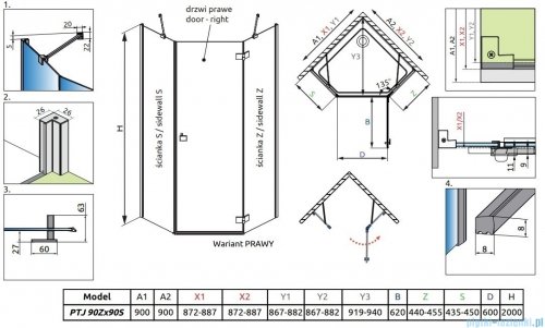 Radaway Essenza Ptj kabina pięciokątna 90x90cm prawa szkło przejrzyste 1385010-01-01R/1385050-01-01