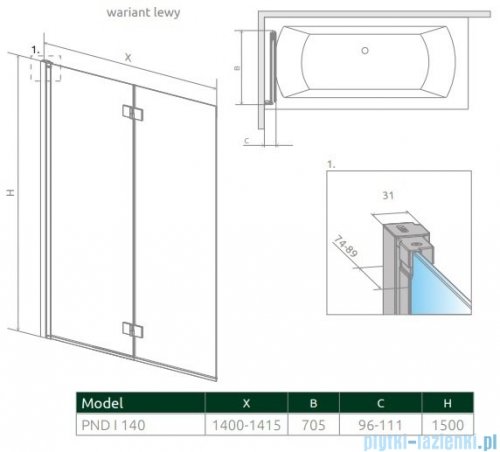 Radaway Nes Pnd I parawan nawannowy 140cm lewy przejrzyste rysunek techniczny