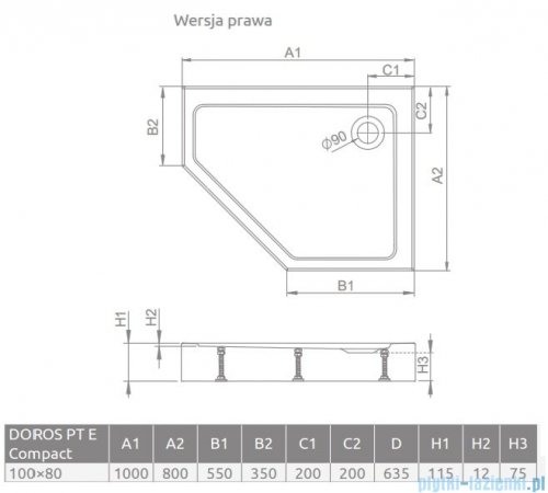 Radaway Doros Pt E Compact Stone brodzik pięciokątny 100x80x11,5cm prawy antracyt SDRPTP1080-05-64SR